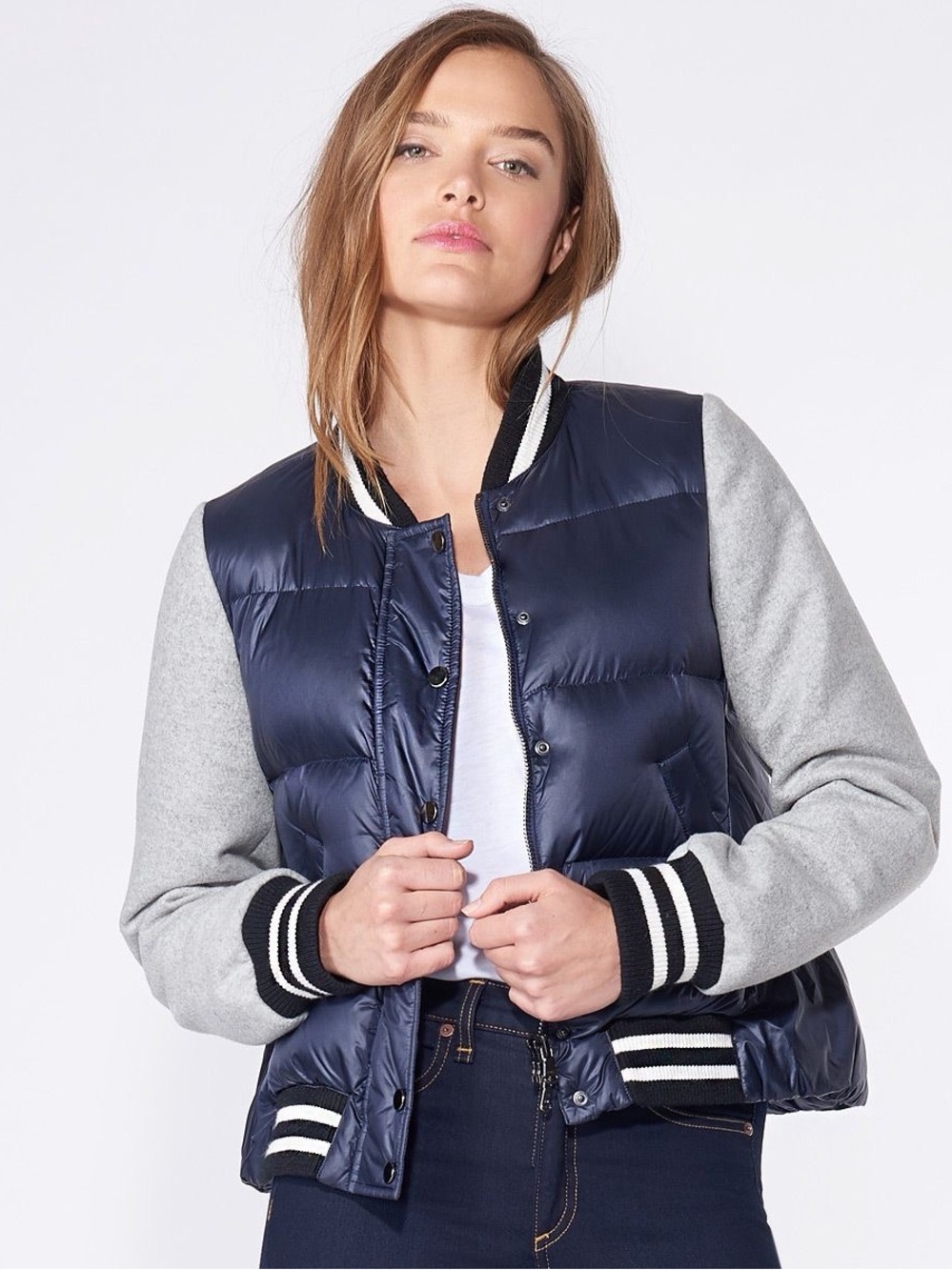 Veronica Beard Lennon Puffer Bomber Jacket Navy Gray Varsity Size XS